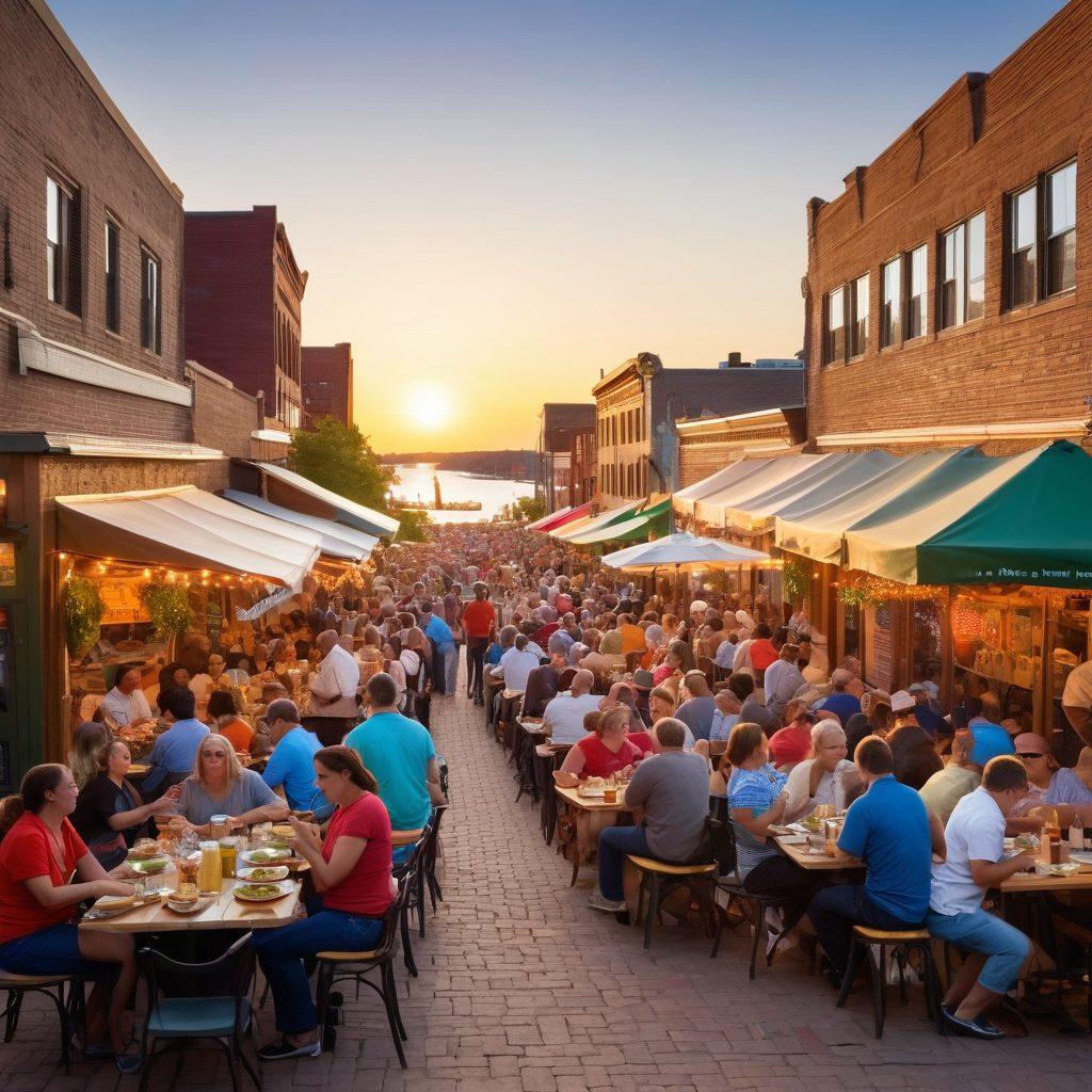 A vibrant street scene in Duluth showcasing a variety of local food stalls, with colorful dishes being served, happy diners enjoying their meals, and landmark views in the background. The atmosphere is lively with warm lighting, highlighting the diverse culinary offerings representative of the area. super-realistic. vibrant colors. bustling ambiance.