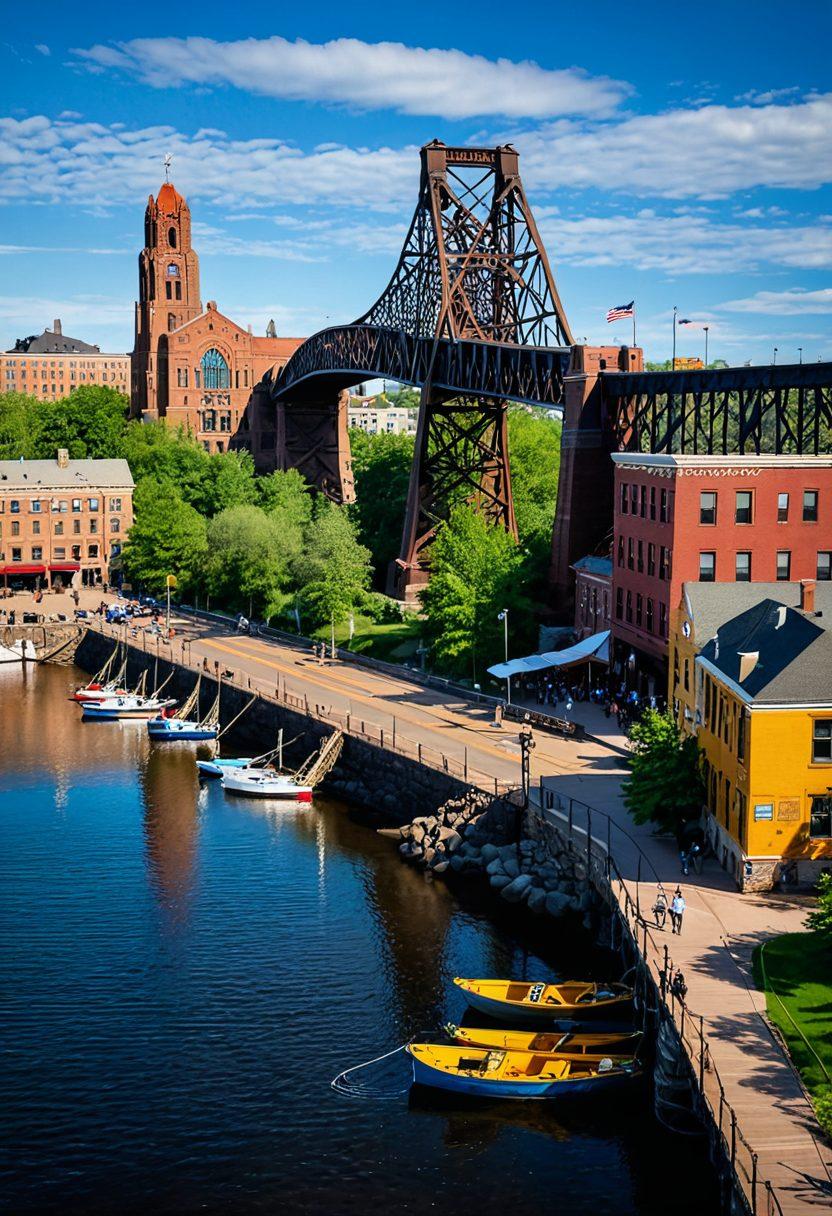 A captivating blend of Duluth's historical architecture alongside vibrant cultural elements, featuring the iconic Aerial Lift Bridge and a bustling local arts festival. Incorporate rich textures and warm colors to reflect the city's heritage, with artists painting and musicians performing in a sunny park setting. The background should display Lake Superior, creating a picturesque scene. super-realistic. vibrant colors. detailed texture.