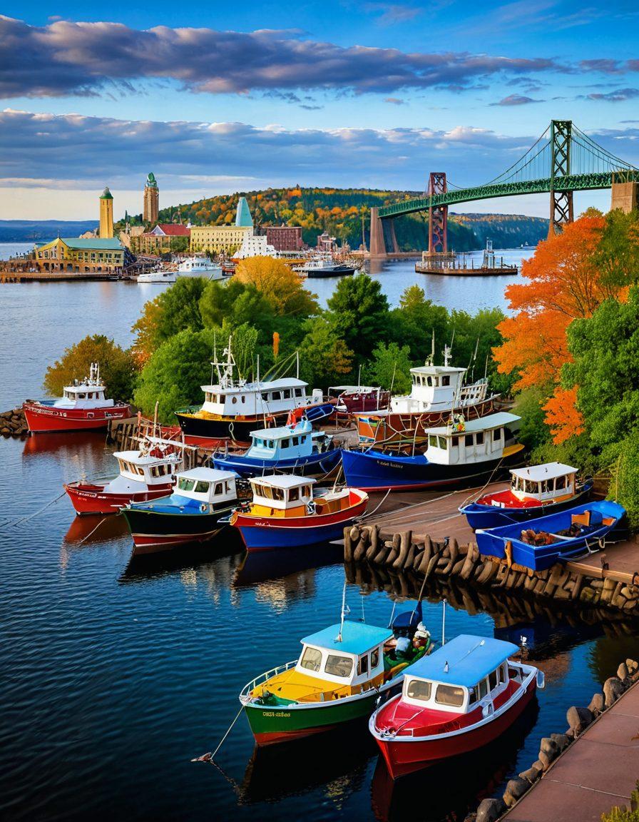A picturesque view of Duluth's harbor, showcasing colorful boats gently bobbing on the water, framed by lush green hills and vibrant autumn foliage. Include the iconic Aerial Lift Bridge in the background and people enjoying activities like biking and festivals along the waterfront. Emphasize the rich culture with ethnic food stalls and local artists exhibiting their crafts. Capture the lively atmosphere and enchantment of the city. super-realistic. vibrant colors. dynamic composition.